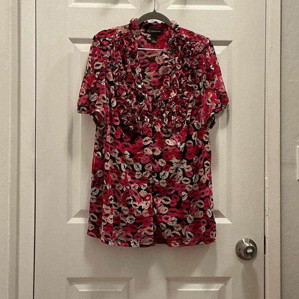 INC International Concepts Floral Ruffle Blouse - Red and Pink